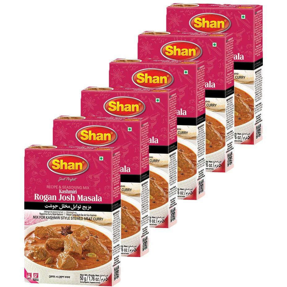 Shan Kashmiri Rogan Josh Recipe and Seasoning Mix 1.76 oz (50g) - Spice Powder for Kashmiri Style Stewed Meat Curry - Suitable for Vegetarians - Airtight Bag in a Box (Pack of 6)