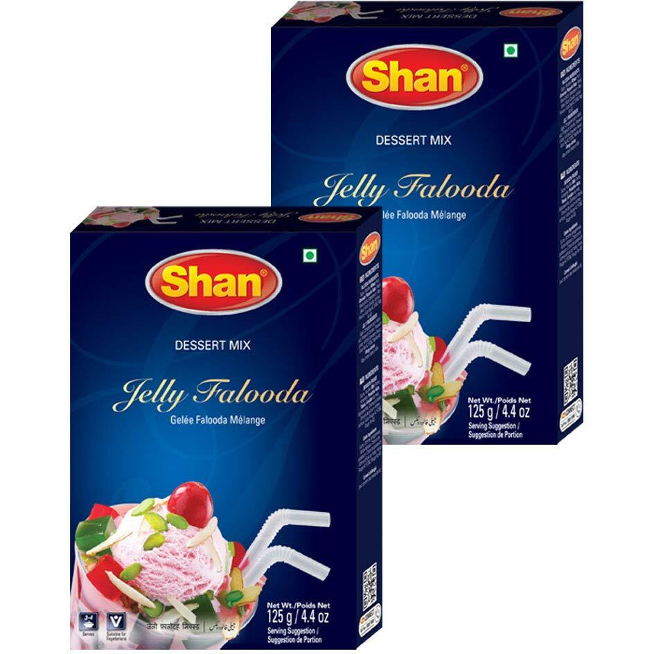 Shan Jelly Falooda Dessert Mix 4.41 oz (125g) - Powder for Ice Cream, Dry Fruit, Jelly and Noodles Milk Shake - Suitable for Vegetarians - Airtight Bag in a Box (Pack of 2)