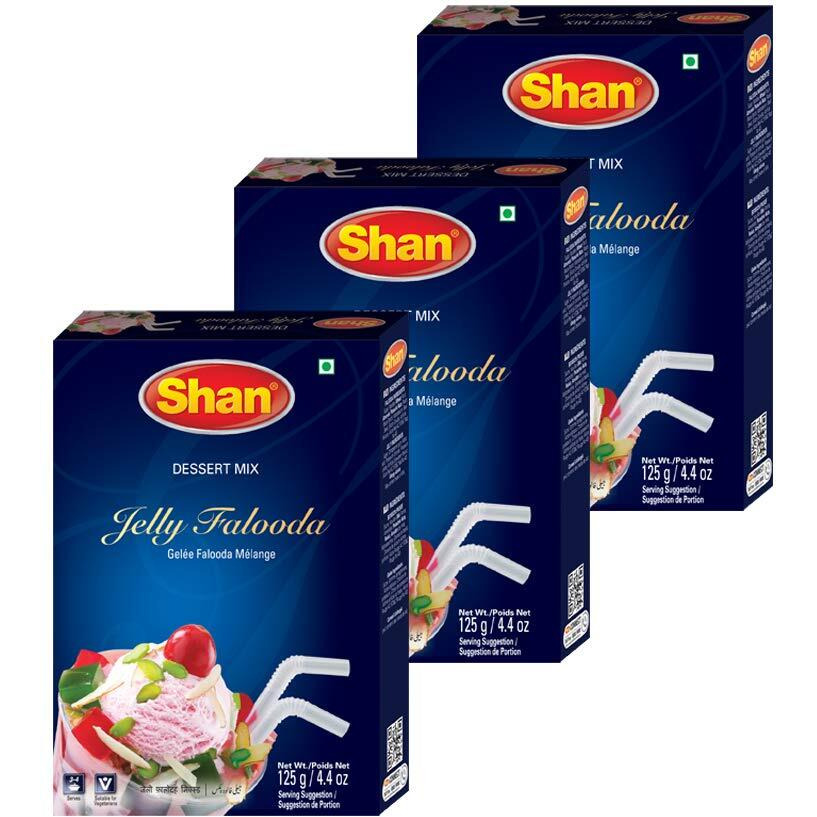 Shan Jelly Falooda Dessert Mix 4.41 oz (125g) - Powder for Ice Cream, Dry Fruit, Jelly and Noodles Milk Shake - Suitable for Vegetarians - Airtight Bag in a Box (Pack of 3)