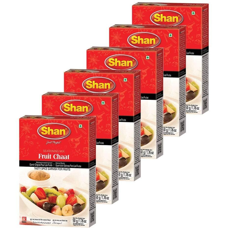 Shan Fruit Chaat Seasoning Mix 1.76 oz (50g) - Spice Powder for Tasty and Spicy Garnish for Fruits Salad - Suitable for Vegetarians - Airtight Bag in a Box (Pack of 6)