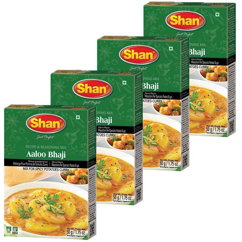 Shan Aaloo Bhaji Recipe and Seasoning Mix 1.76 oz (50g) - Spice Powder for Traditional Spicy Potatoes Curry - Suitable for Vegetarians - Airtight Bag in a Box (Pack of 4)