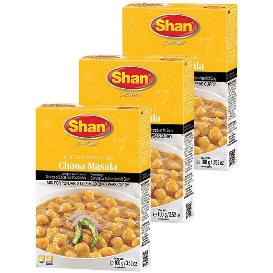 Shan Chana Masala Recipe and Seasoning Mix 3.52 oz (100g) - Spice Powder for Punjabi Style Mild Chickpeas Curry - Suitable for Vegetarians - Airtight Bag in a Box (Pack of 3)