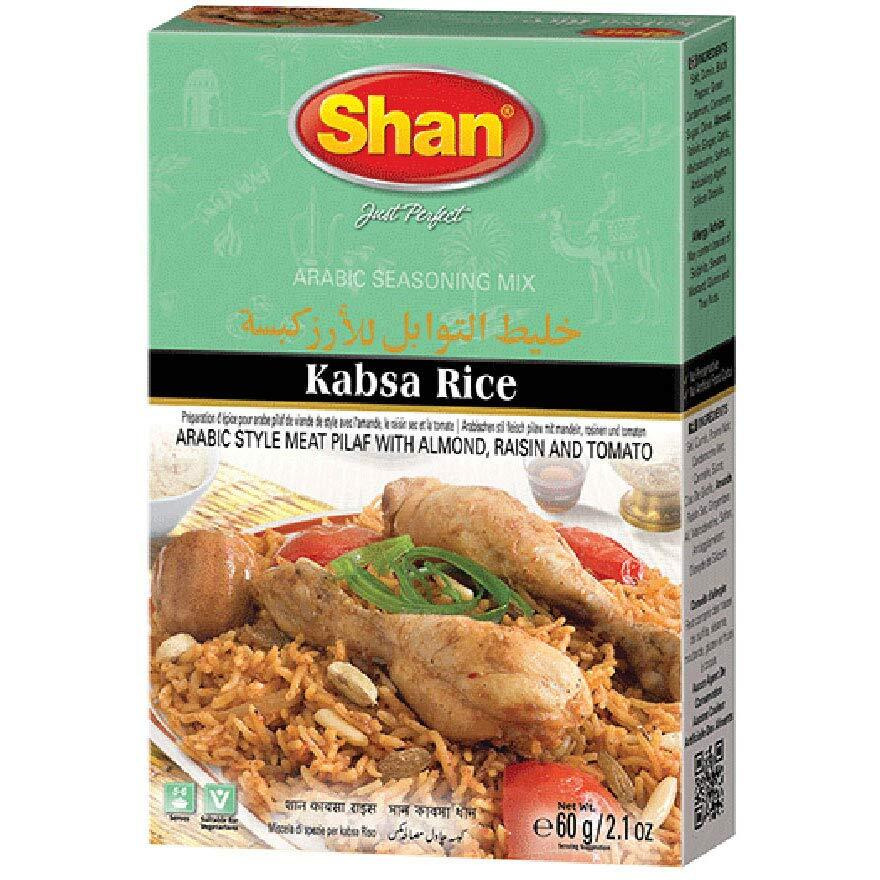 Shan Kabsa Rice Arabic Seasoning Mix 2.11 oz (60g) - Spice Powder for Arabic Style Meat Pilaf with Almond, Raisen & Tomato - Suitable for Vegetarians - Airtight Bag in a Box