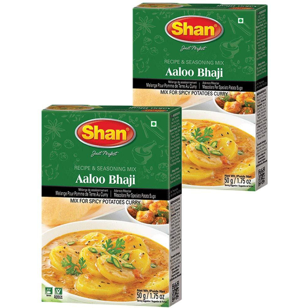 Shan Aaloo Bhaji Recipe and Seasoning Mix 1.76 oz (50g) - Spice Powder for Traditional Spicy Potatoes Curry - Suitable for Vegetarians - Airtight Bag in a Box (Pack of 2)