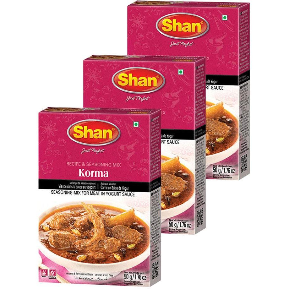 Shan Korma Recipe and Seasoning Mix 1.76 oz (50g) - Spice Powder for Traditional Meat in Yogurt Sauce - Suitable for Vegetarians - Airtight Bag in a Box (Pack of 3)