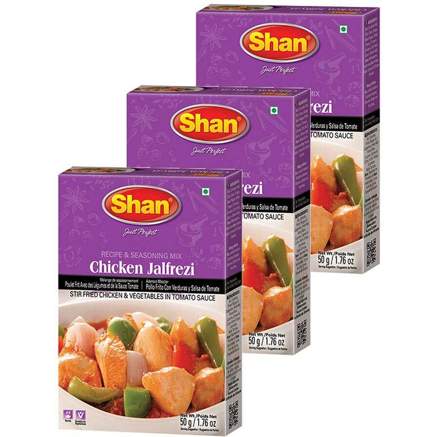 Shan Chicken Jalfrezi Recipe and Seasoning Mix 1.76 oz (50g) - Spice Powder for Stir Fried Chicken and Vegetables in Tomato Sauce - Suitable for Vegetarians - Airtight Bag in a Box (Pack of 3)