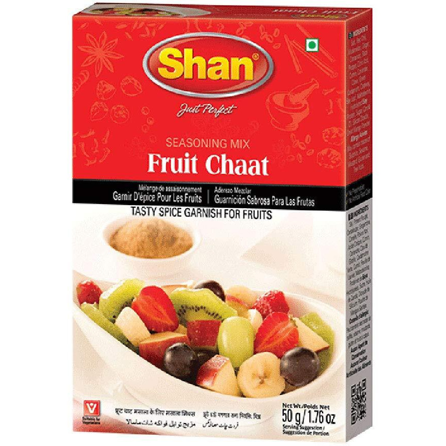 Shan Fruit Chaat Seasoning Mix 1.76 oz (50g) - Spice Powder for Tasty and Spicy Garnish for Fruits Salad - Suitable for Vegetarians - Airtight Bag in a Box (Pack of 24)