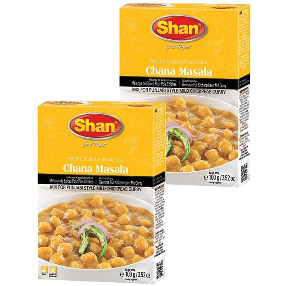 Shan Chana Masala Recipe and Seasoning Mix 3.52 oz (100g) - Spice Powder for Punjabi Style Mild Chickpeas Curry - Suitable for Vegetarians - Airtight Bag in a Box (Pack of 2)