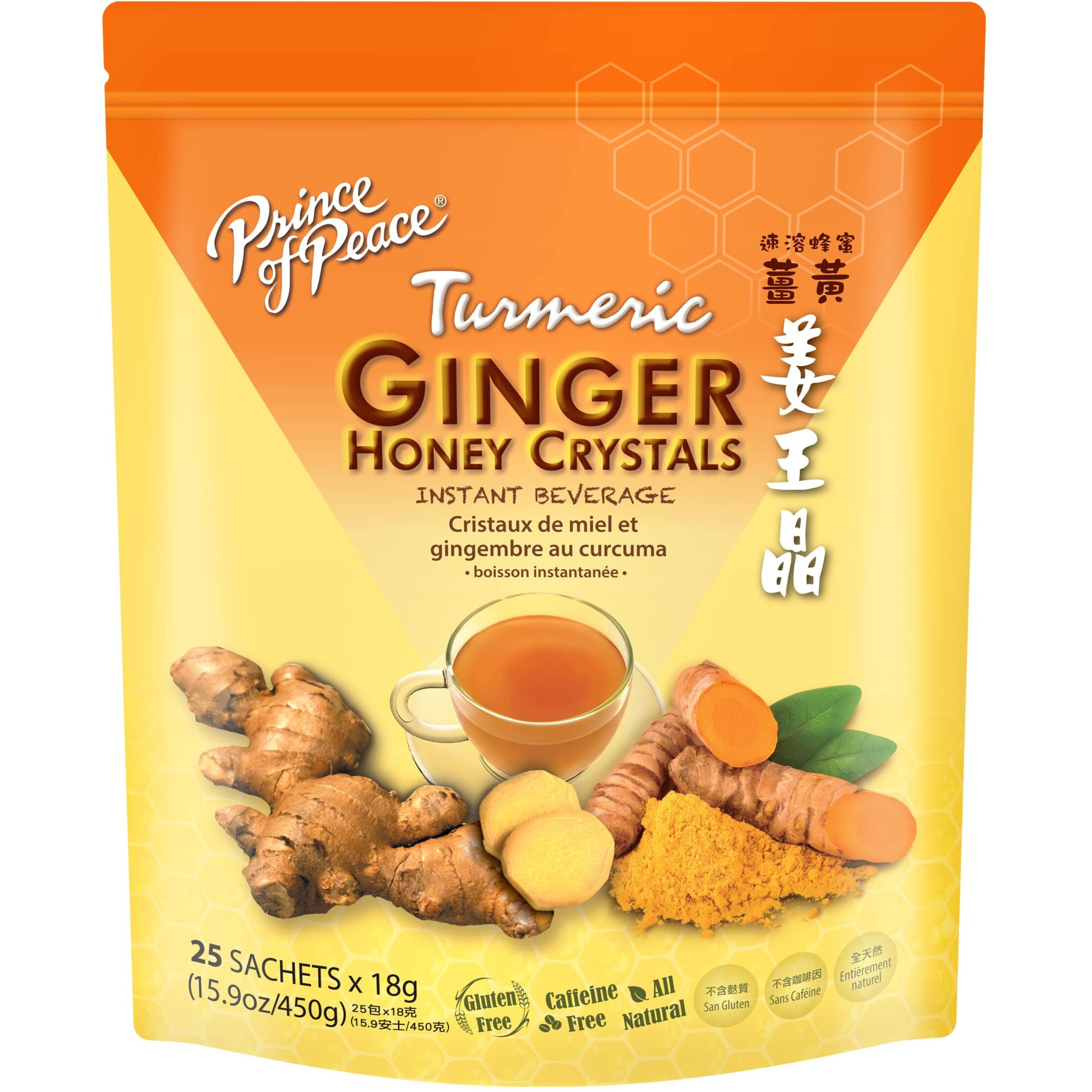 Prince Of Peace Instant Ginger Honey Crystals w/ Turmeric, 25 Sachets  Instant Hot or Cold Beverage  Easy to Brew Ginger and Honey Tea, Caffeine and Gluten Free