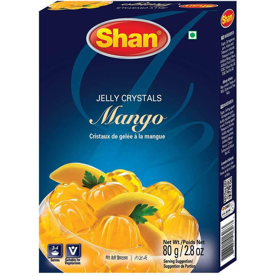 Shan Jelly Crystals Mango 2.8 oz (80g) - Cristaux De Gelee a la mangue - Quick and Easy Jello - Suitable for Vegetarians - Airtight Bag in a Box