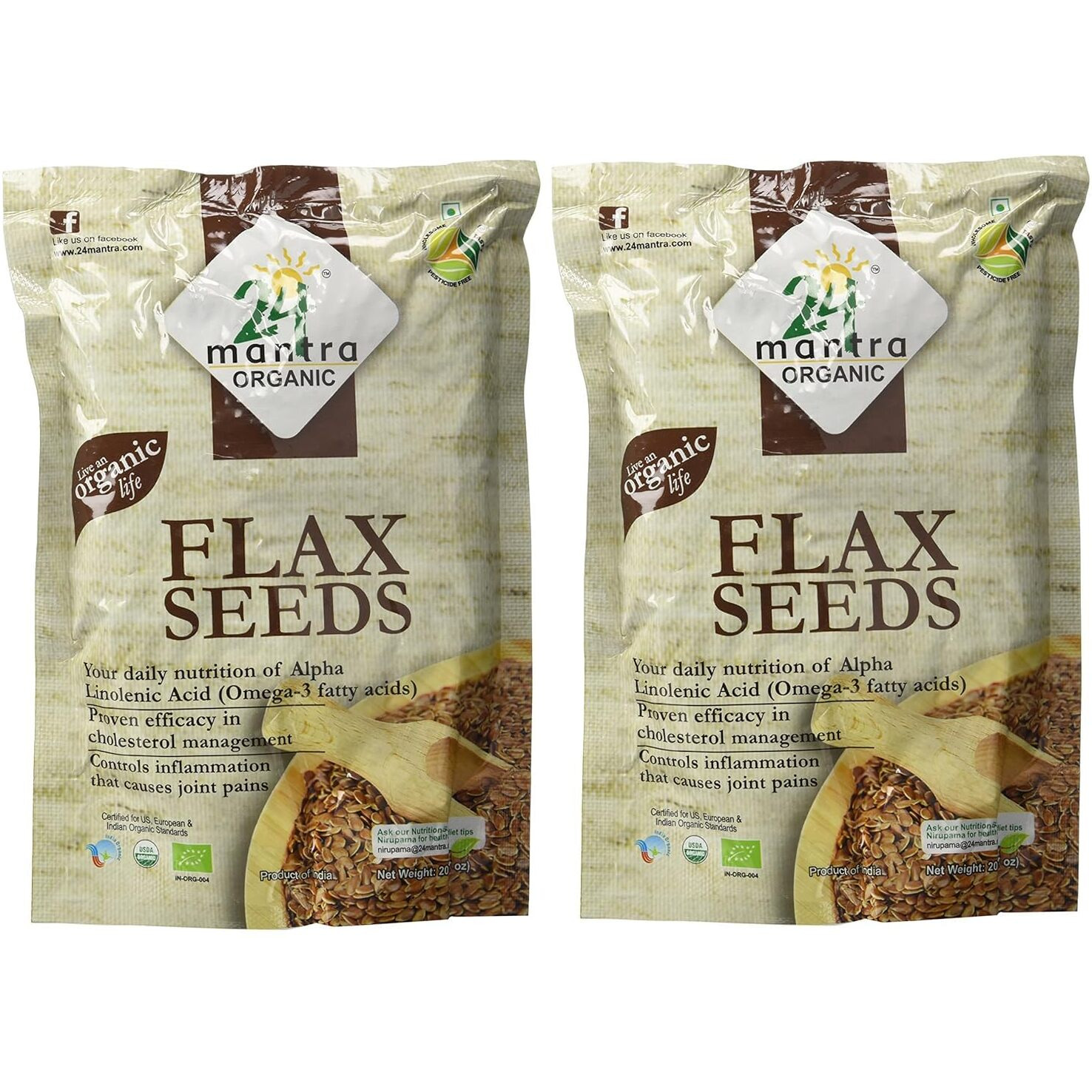 24 Mantra Organic Flax Seeds USDA Certified Organic EU Certified Organic Pesticides Free Adulteration Free Sodium Free - Pack of 2 X 7 Ounces (14 Ounces)