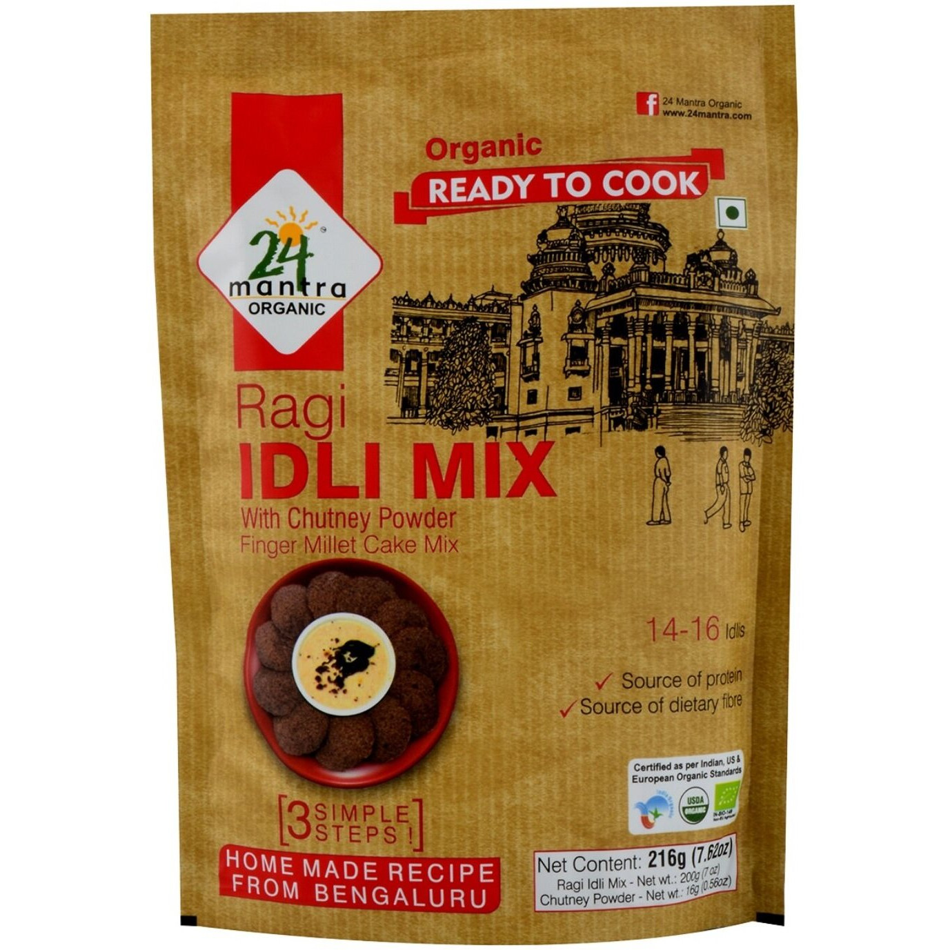 24 Mantra Organic Ragi Idli Mix 216 Gram, 3 Simple Steps To Make 14 To 16 Ragi Idlis - 24 Mantra