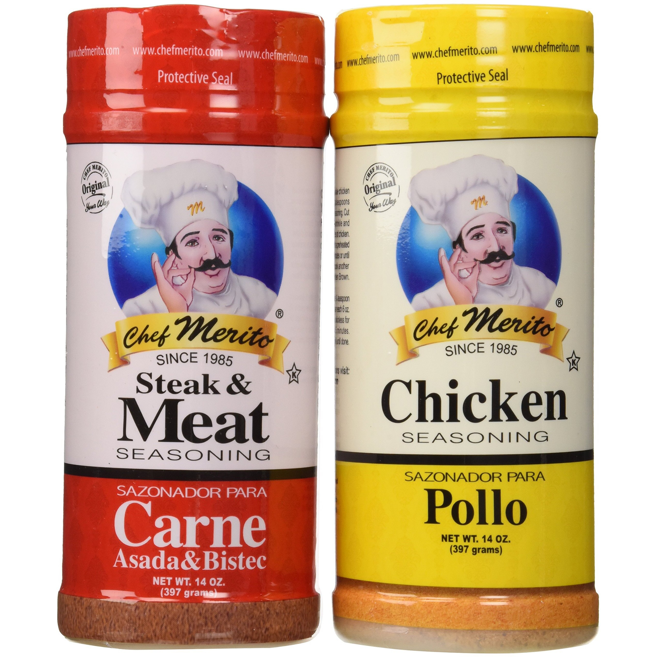 Chef Merito Carne Asada Beef and Chicken Seasoning Combo Pack, 14 oz I Pollo Asado,Carne Asado, Fajitas, Rotisserie Chicken, Meat Seasoning, 14 Ounce (Pack of 2)