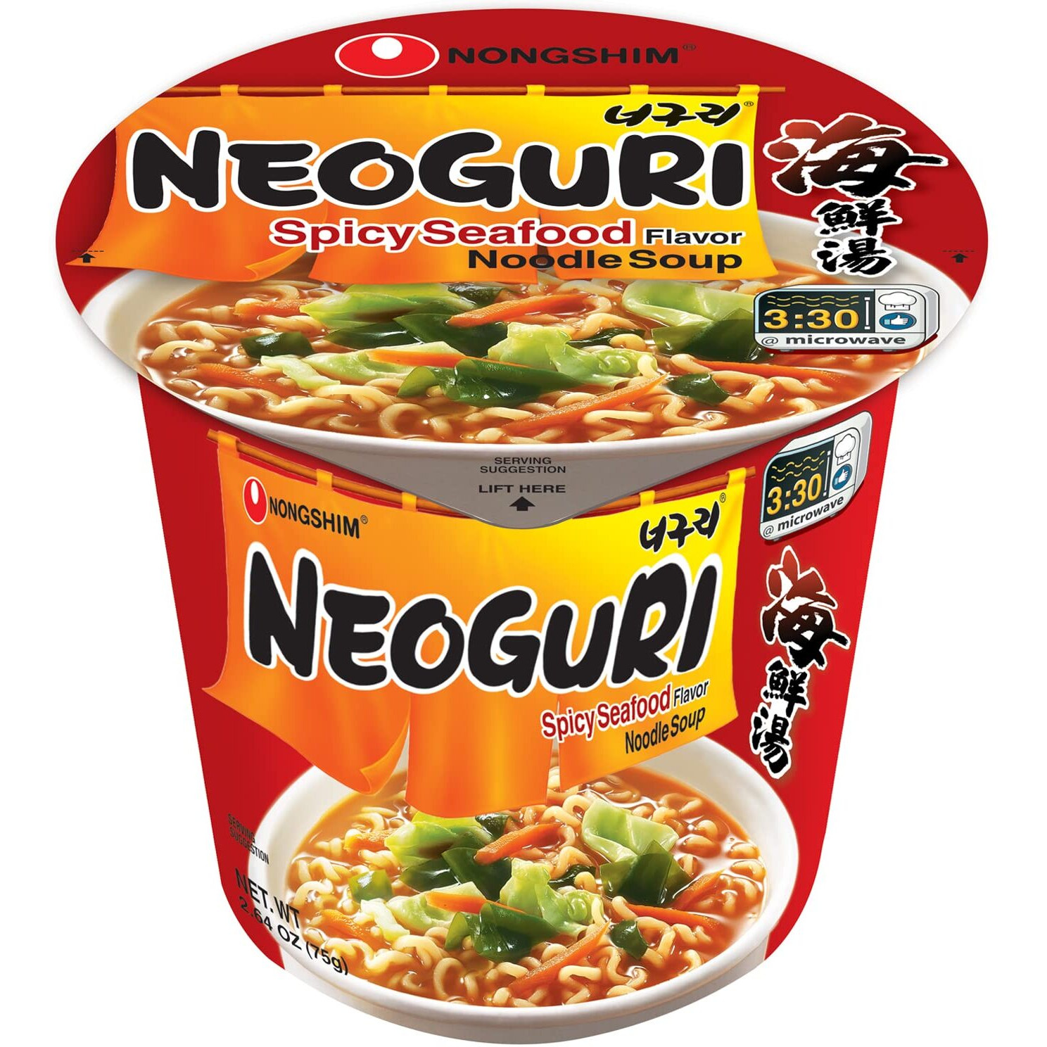 Nongshim Neoguri Spicy Seafood Ramen Noodle Soup, 6 Pack, Microwaveable Ramyun Instant Noodle Cup, Bold & Spicy Chili Peppers