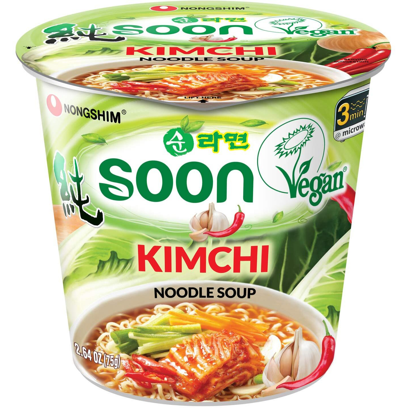 Nongshim Soon Kimchi Instant Vegan Ramen Noodle Soup Mix Cup, 6 Pack, Microwaveable Vegan Meatless Ramen, Real Kimchi Flakes