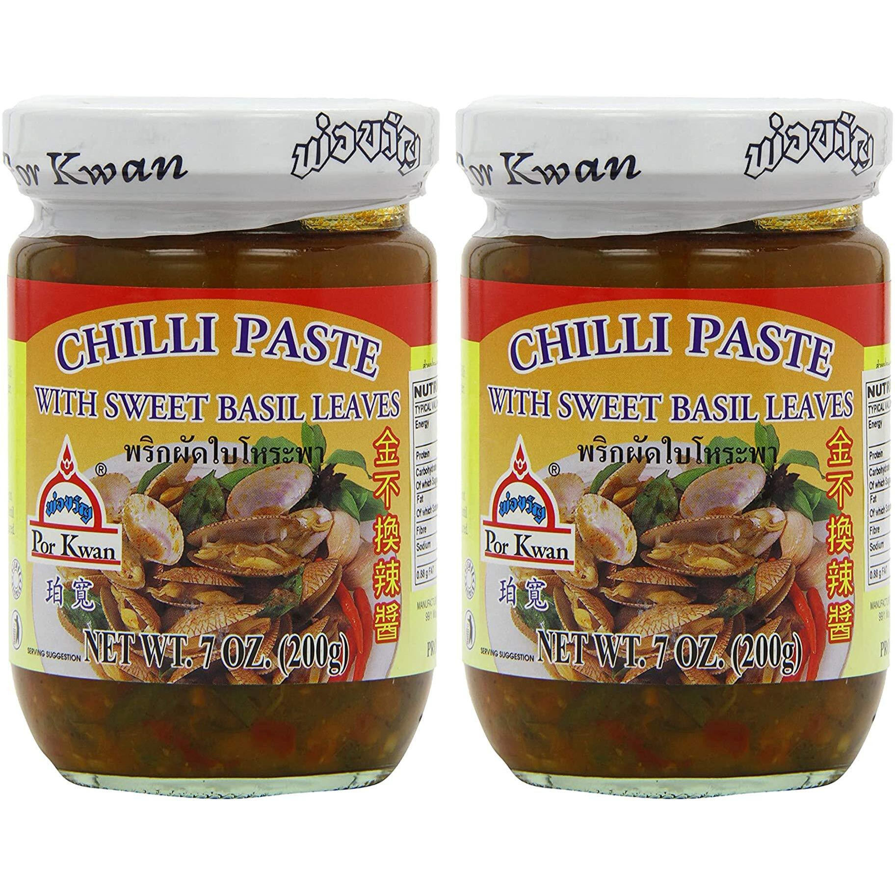 Por Kwan Thai Chili Paste with Sweet Basil Leaves (2 Pack, Total of 14oz)