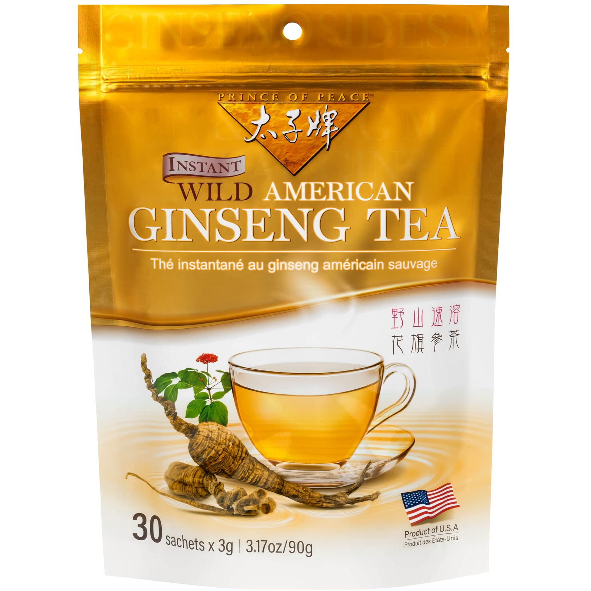 Prince of Peace Instant Wild American Ginseng Tea, 30 Sachets  Healthy Drink, Caffeine-Free Energy-Boosting, Heavy Antioxidants, Made in The USA, Plant Extracts
