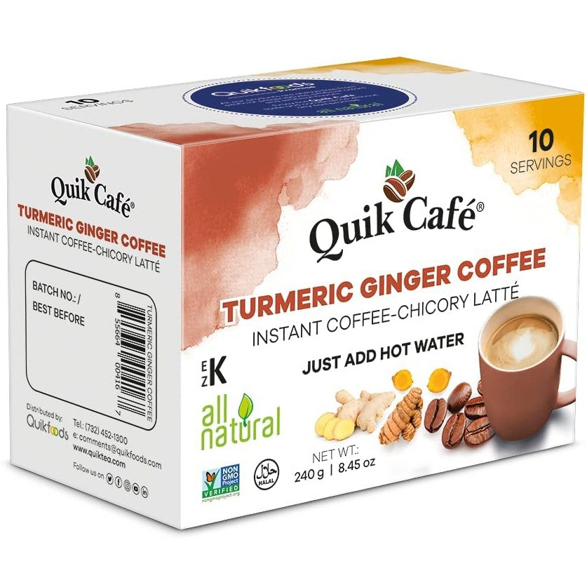 Quik Cafe Turmeric Ginger Instant Coffee Latte - 10 Count Single Box - All Natural Superfood Golden Coffee