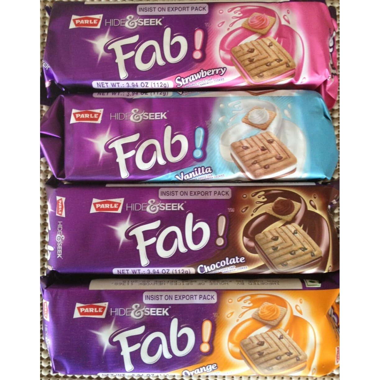 Variety Pack Parle Hide & Seek Fab Choco Chip ONE Pack Each of 112g,Strawberry