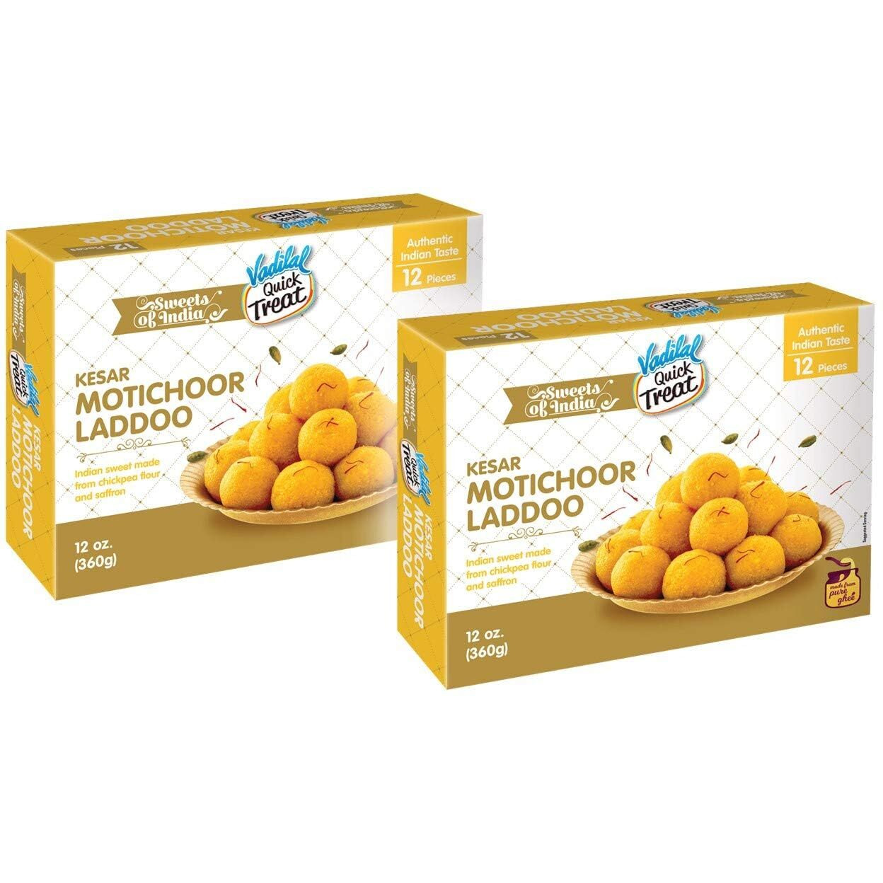 Vadilal Kesar Motichoor Laddoo 360 Grams (12pcs) Twin Pack Authentic Indian Sweets Made With chickpea Flour & Saffron.