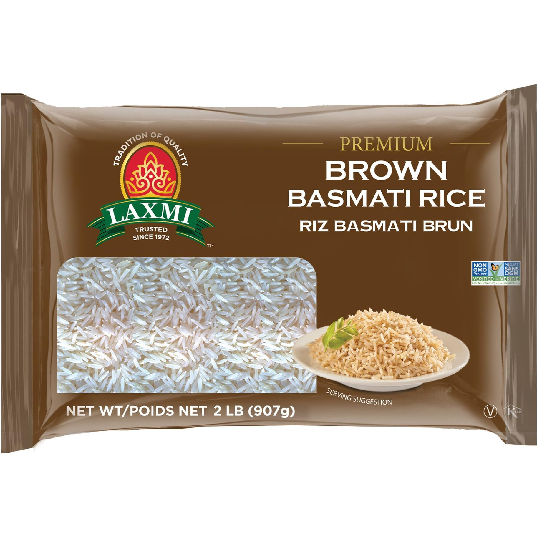 Laxmi Brand, Brown Basmati Rice, Vegetarian, Whole Grain, Light, Nutty Flavor, Made Pure, Made Fresh, Product of India (2lb)