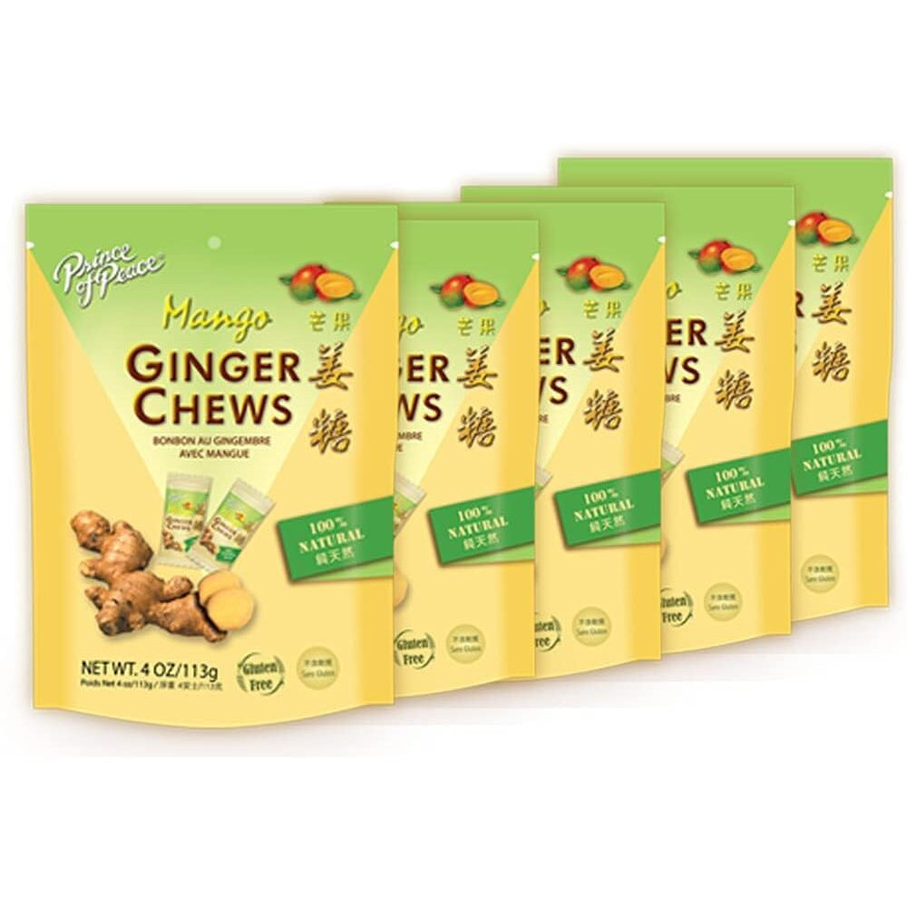 Prince of Peace Ginger Chews With Mango, 4 oz.  Candied Ginger  Mango Candy  Mango Ginger Chews  Natural Candy  Ginger Candy for Nausea - 5 Pack