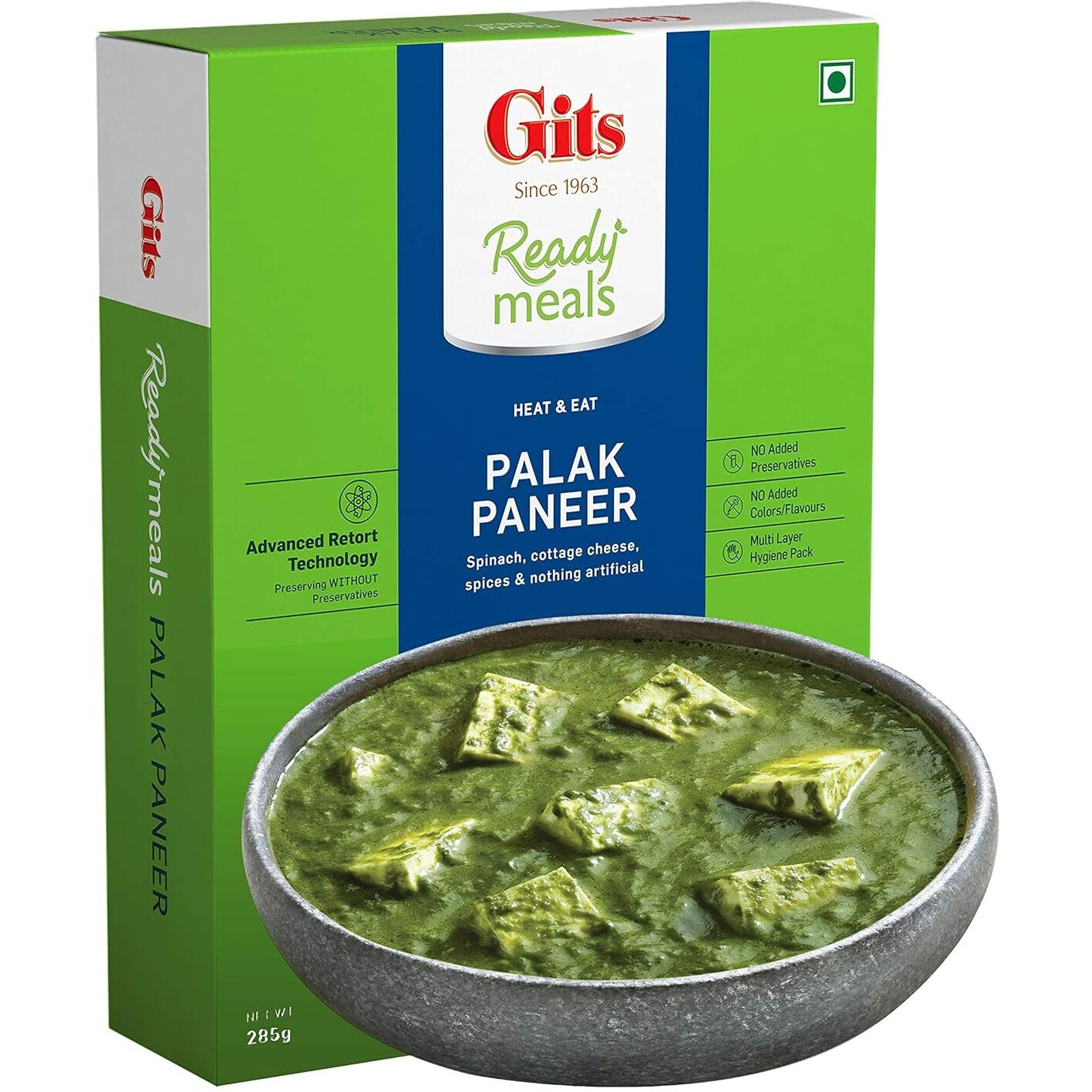 Gits Ready to Eat Palak Paneer, Pure Veg, Heat and Eat Indian Dish, Microwaveable, 285g