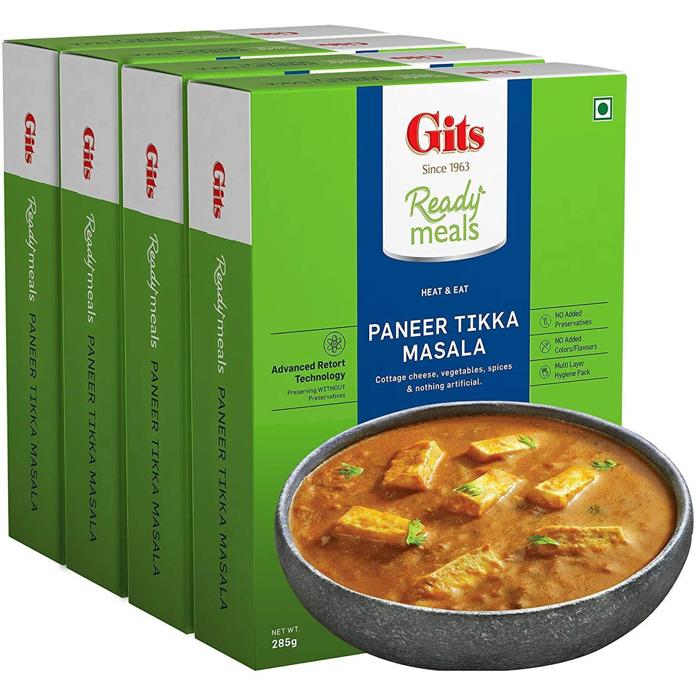 Gits Ready to Eat Paneer Tikka Masala, 1140g (Pack of 4 X 285g Each) Cottage cheese tikka masala