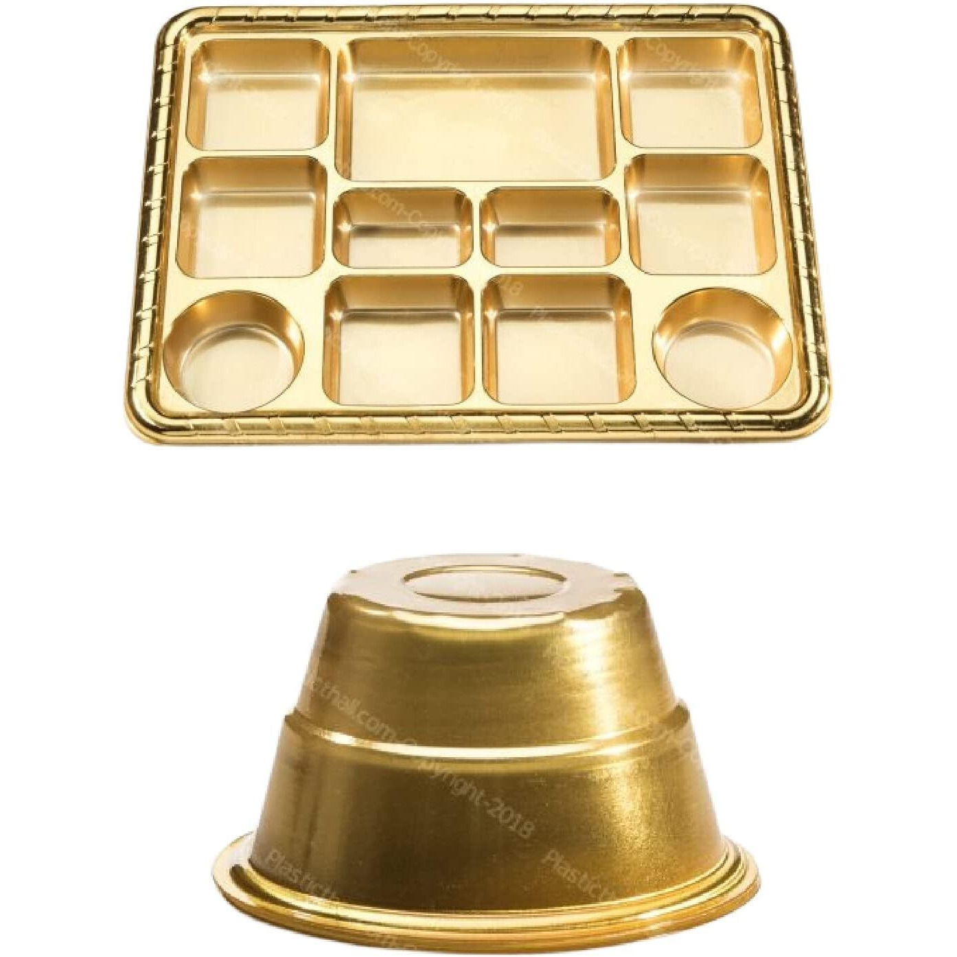 Mahavir 11 Compartment Disposable Gold Plates - Indian Thali Plastic Tray (Plates and Bowl, 100)