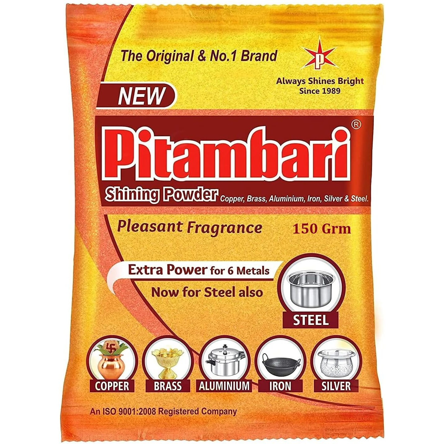 Pitambari Shining Powder for 6 Types of Metals (Copper, Brass, Steel, Iron, Silver, Aluminum) for Puja Utensils - 150Grm