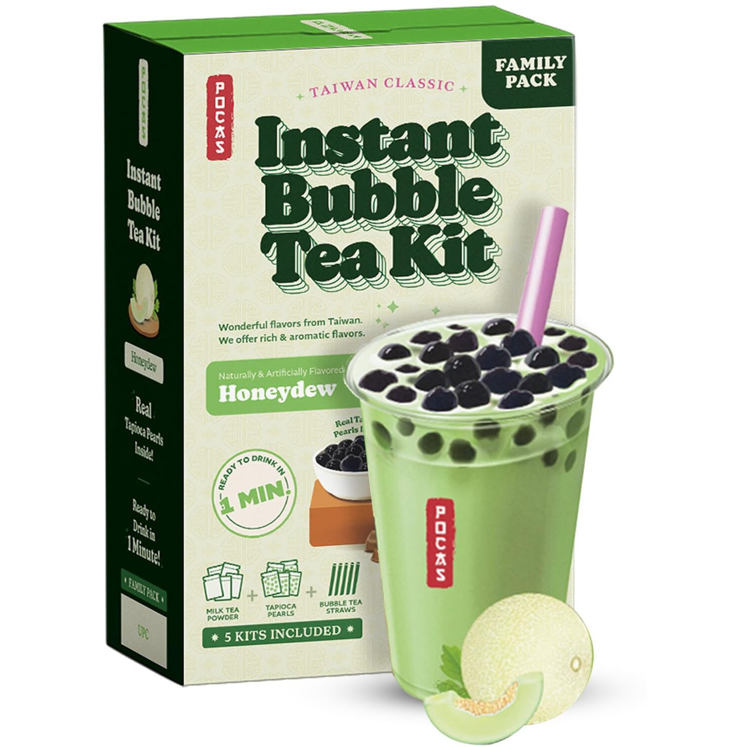 Pocas Bubble Tea Kit, Honeydew  Instant Milk Tea Powder with Authentic Tapioca Pearls for Instant Bubble Tea, 5 Kits