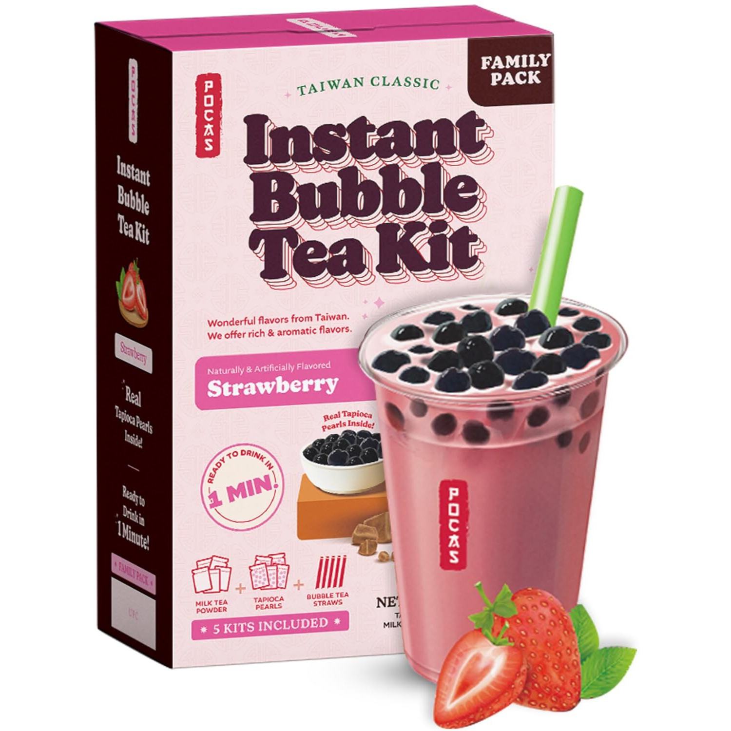 Pocas Bubble Tea Kit, Strawberry  Instant Milk Tea Powder with Authentic Tapioca Pearls for Instant Bubble Tea, 5 Kits