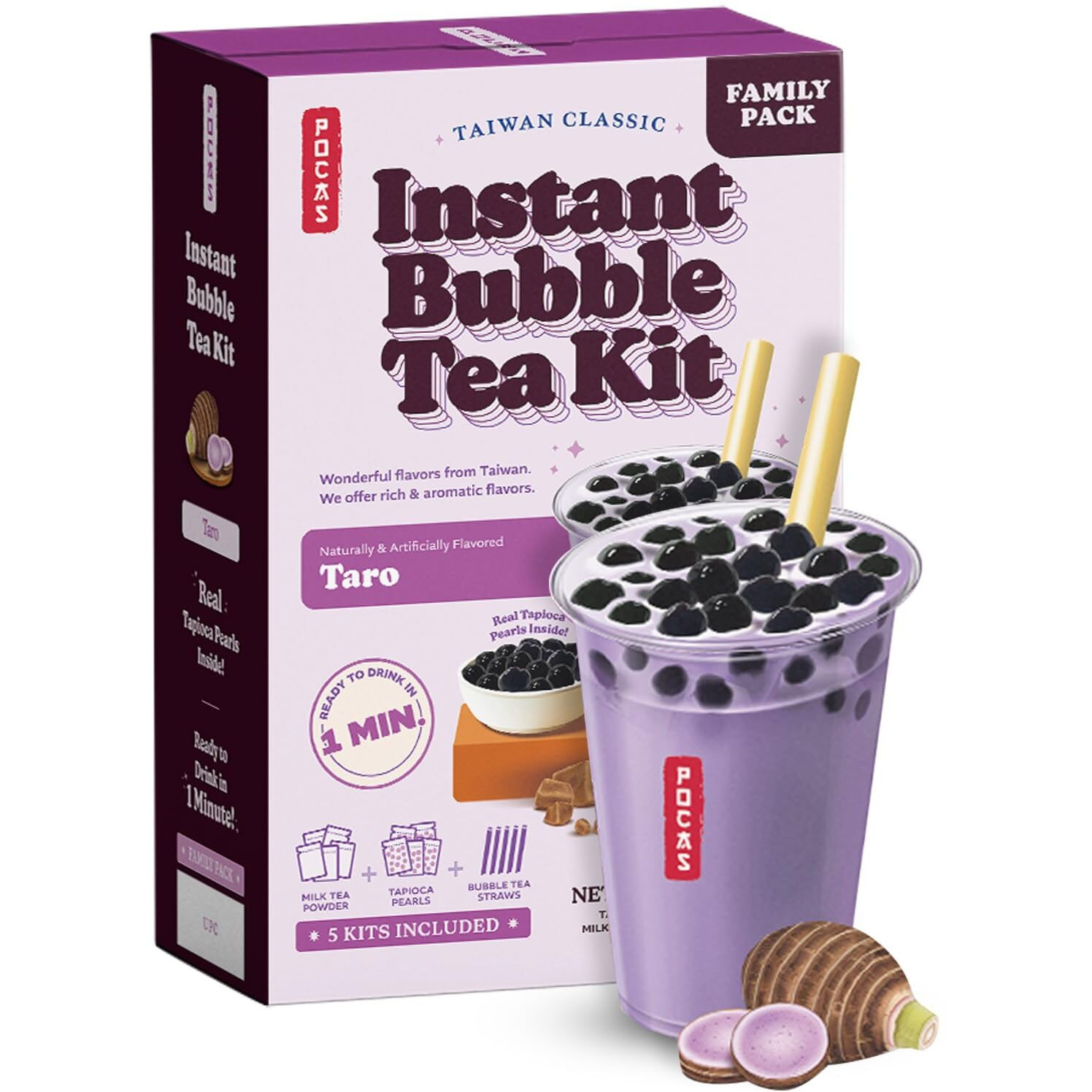 Pocas Bubble Tea Kit, Taro  Instant Milk Tea Powder with Authentic Tapioca Pearls for Instant Bubble Tea, 5 Kits