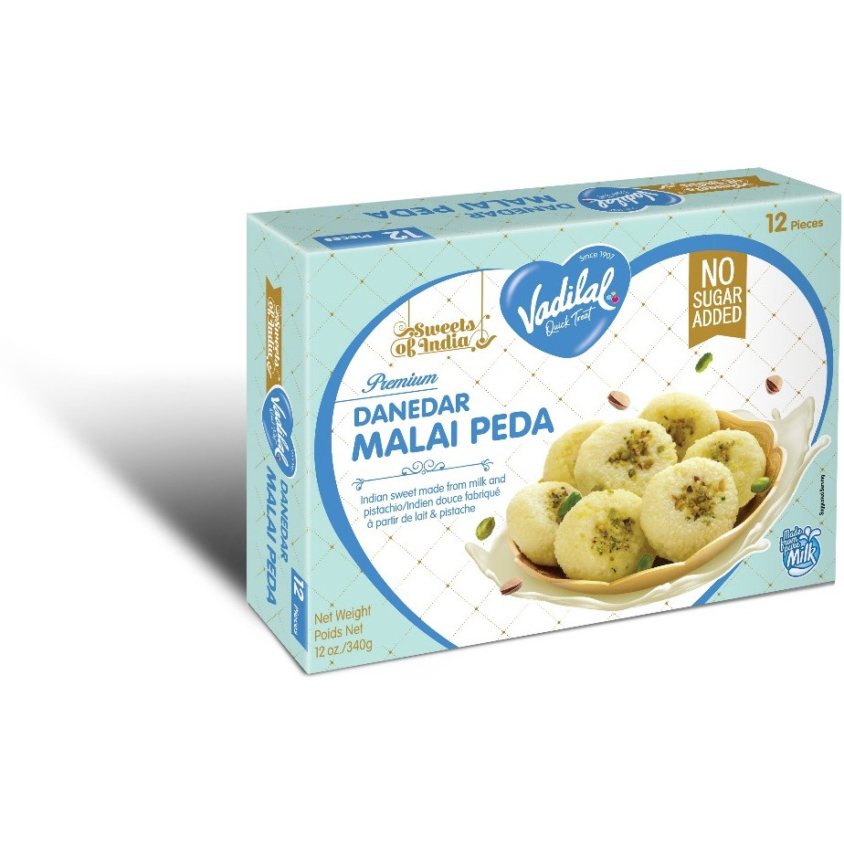 Vadilal NO Sugar Added Danedar Malai Peda 340gm Authentic Indian Sweet Made from Milk and Pistachio
