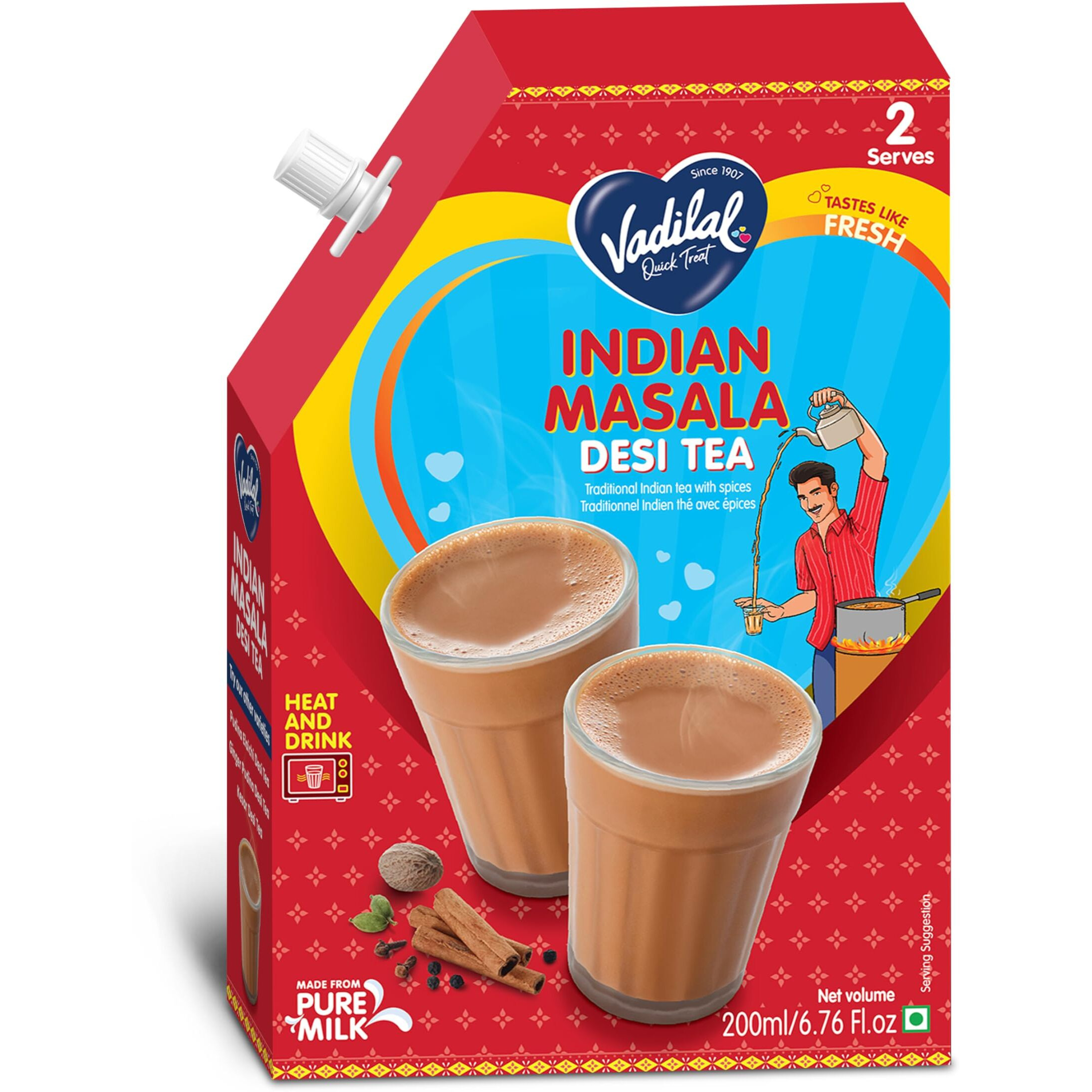 Vadilal Quick Treat Indian Masala Tea | Traditional Traditional Fully Prepared Indian Tea with Spices | Just Heat & Drink | 200 ml, Serves 2