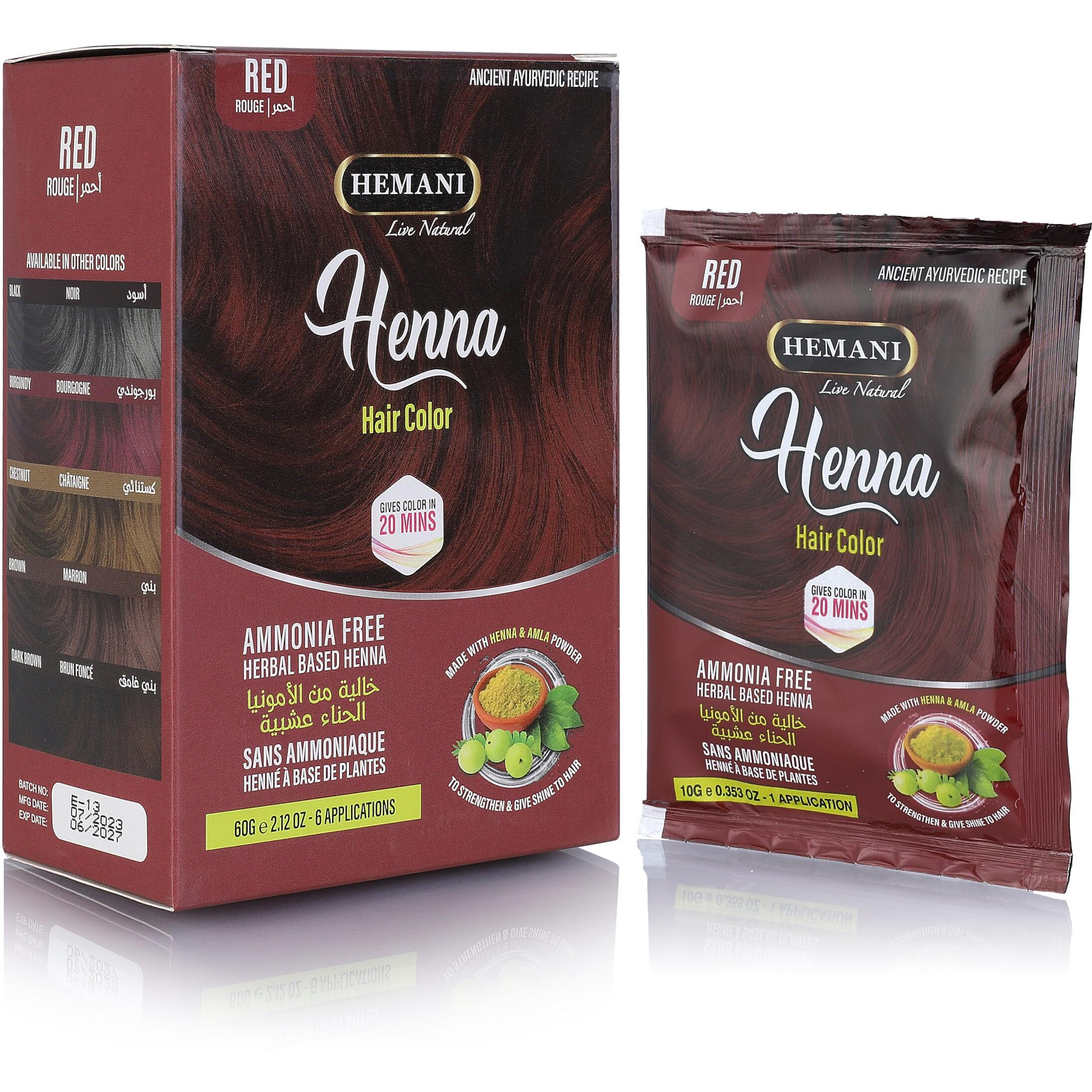HEMANI Hair Henna Color 2.12 OZ (60g) 6 Applications, Colors in 20 Minutes - Ammonia Free - Herbal Based Henna (Red)