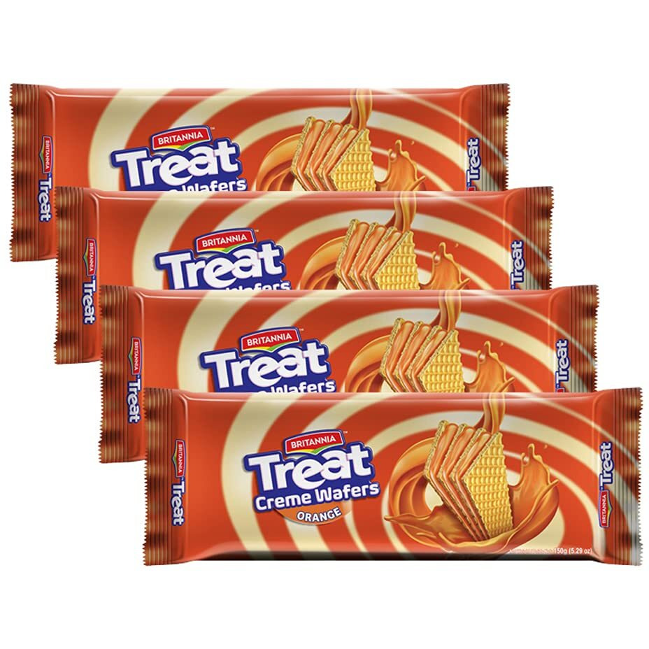 BRITANNIA Treat Wafer Orange 5.29oz (150g) - Breakfast & Tea Time Snacks - Crunchy, Healthy and Delicious (Pack of 4)