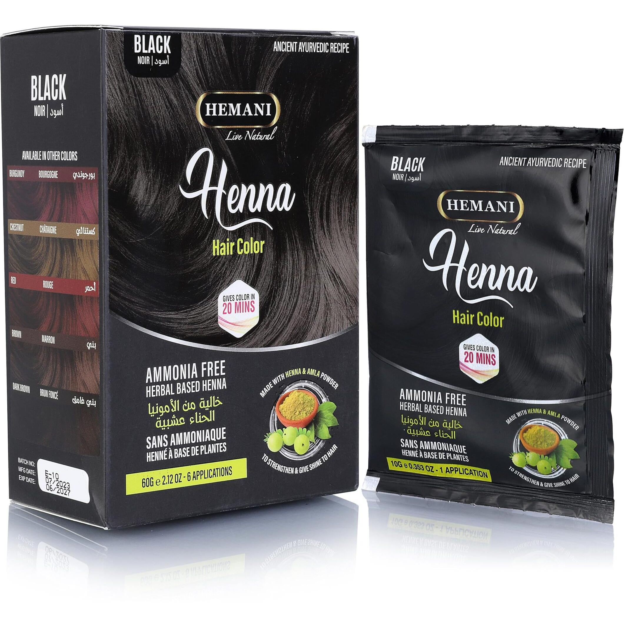 HEMANI Hair Henna Color 2.12 OZ (60g) 6 Applications, Colors in 20 Minutes - Ammonia Free - Herbal Based Henna (Black)