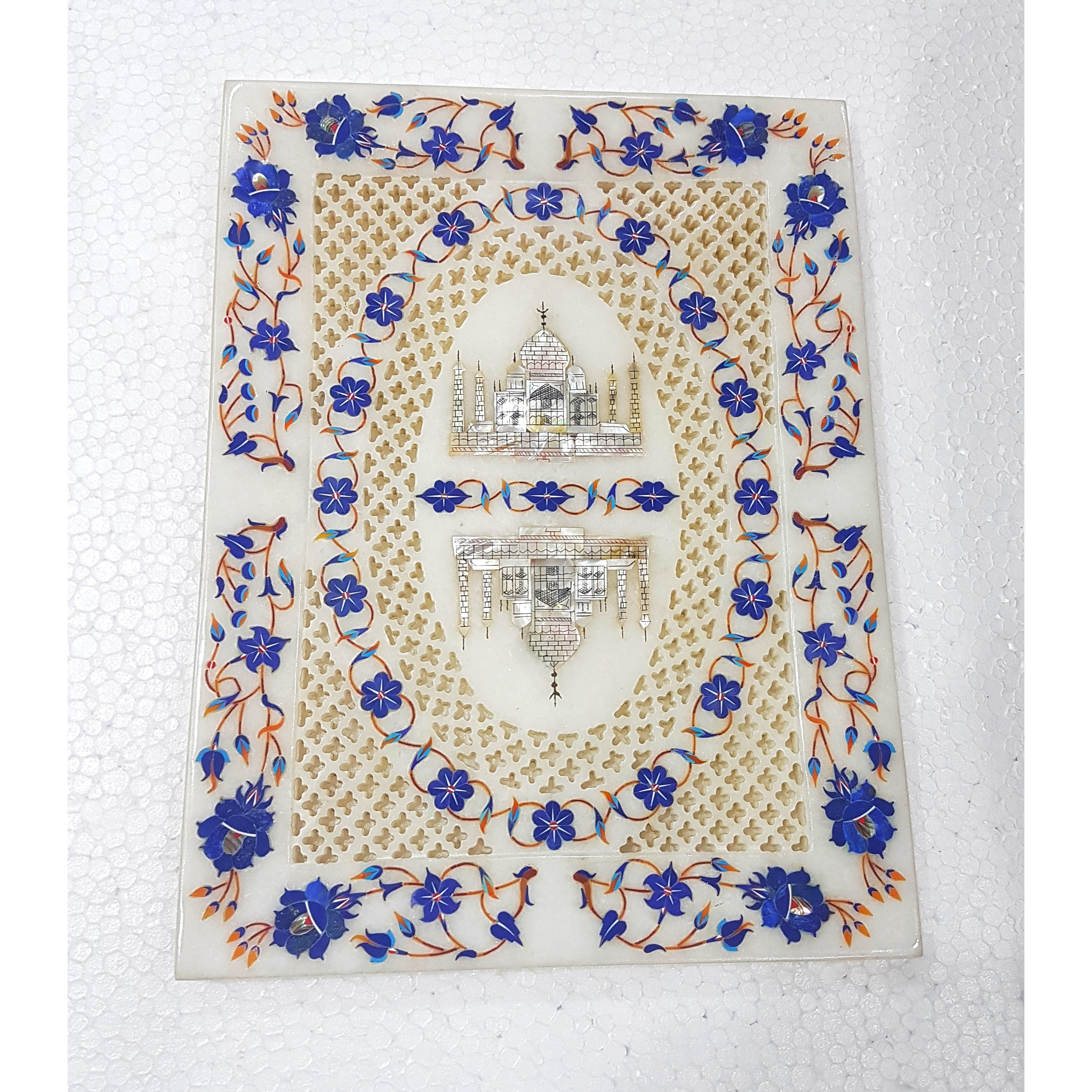 White Marble Taj Mahal Lapislazuli Floral Inlay Decorative Tray