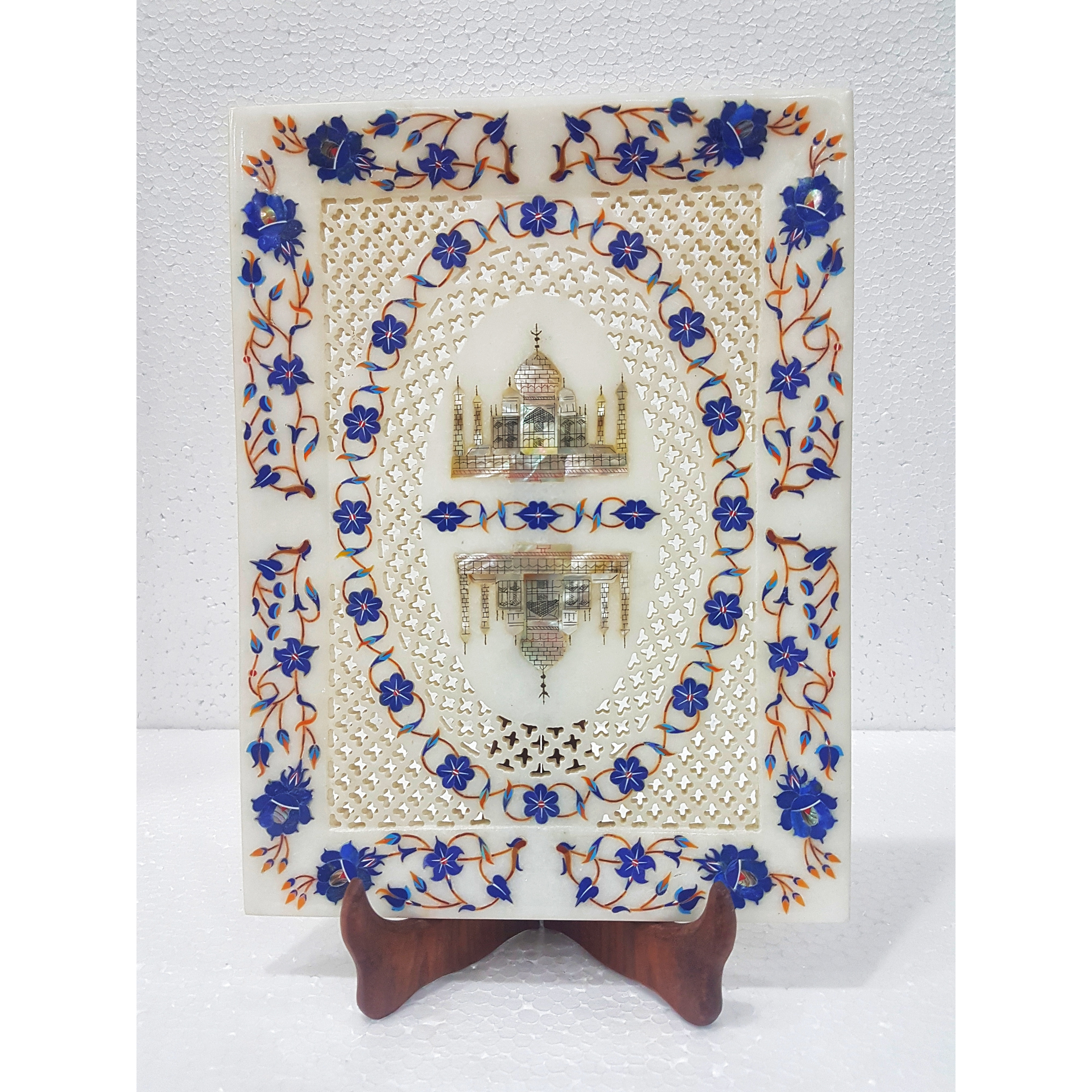White Marble Taj Mahal Lapislazuli Floral Inlay Decorative Tray