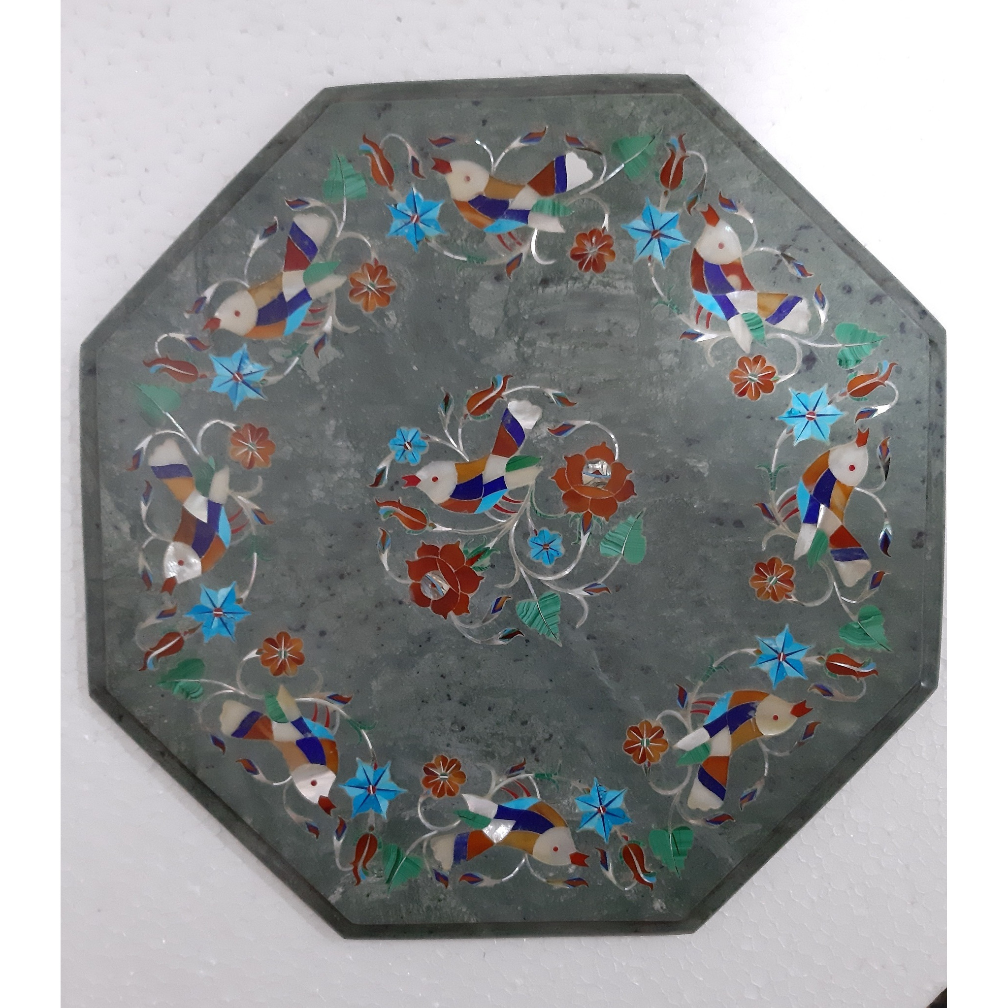 Bird Inlay Green Marble Plate Pietra Dura Marquetry Floral Inlay Gift