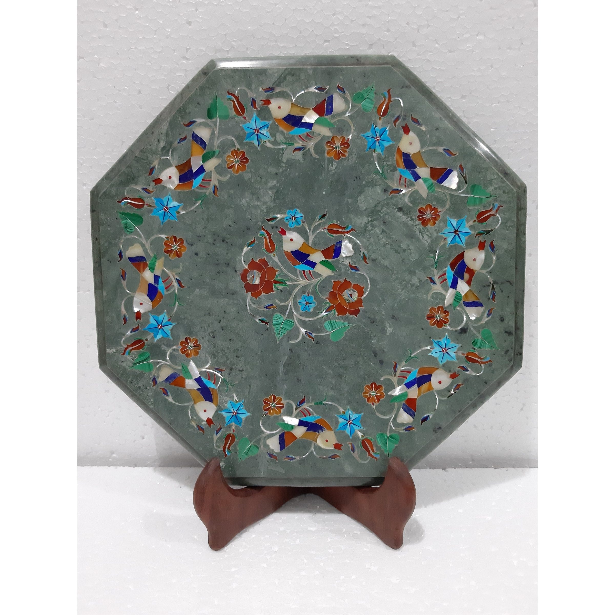 Bird Inlay Green Marble Plate Pietra Dura Marquetry Floral Inlay Gift