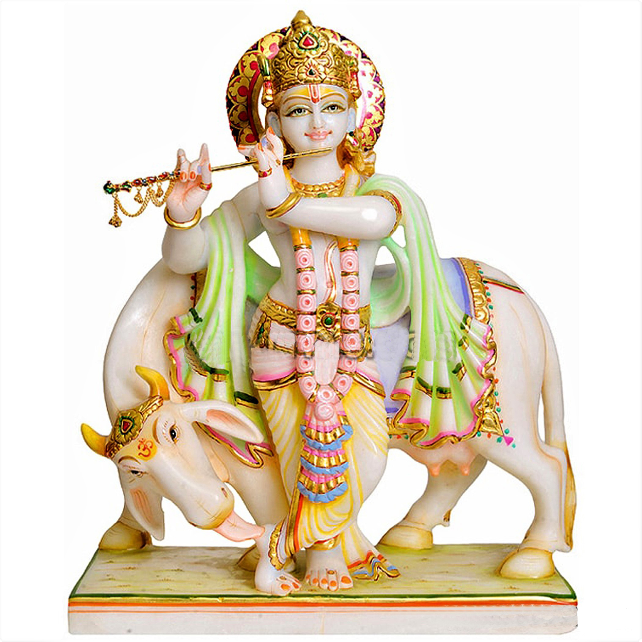 Marble Krishna Statue, Krishna With Cow, White Marble Krishna Statue Beautiful Hand Carved Mandir, Pooja Room Decor Statue