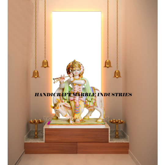 Marble Krishna Statue, Krishna With Cow, White Marble Krishna Statue Beautiful Hand Carved Mandir, Pooja Room Decor Statue