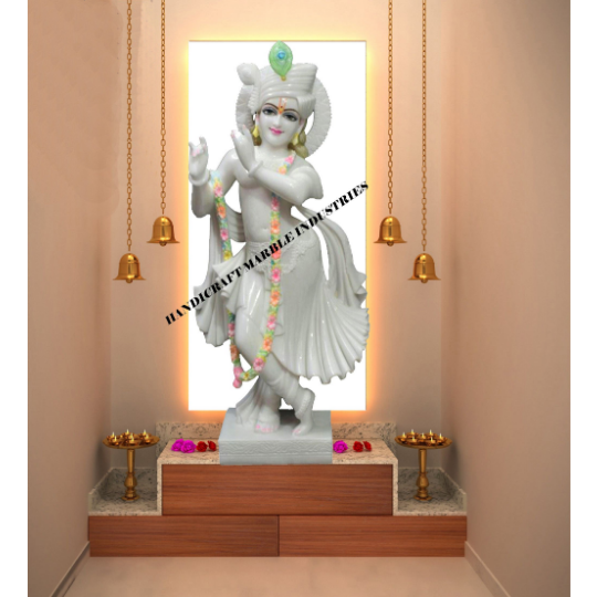 Marble Krishna Statue, Krishna Playing Flute, White Marble Krishna Idol Statue Beautiful Hand Carved Mandir, Pooja Room Home Decor Statue