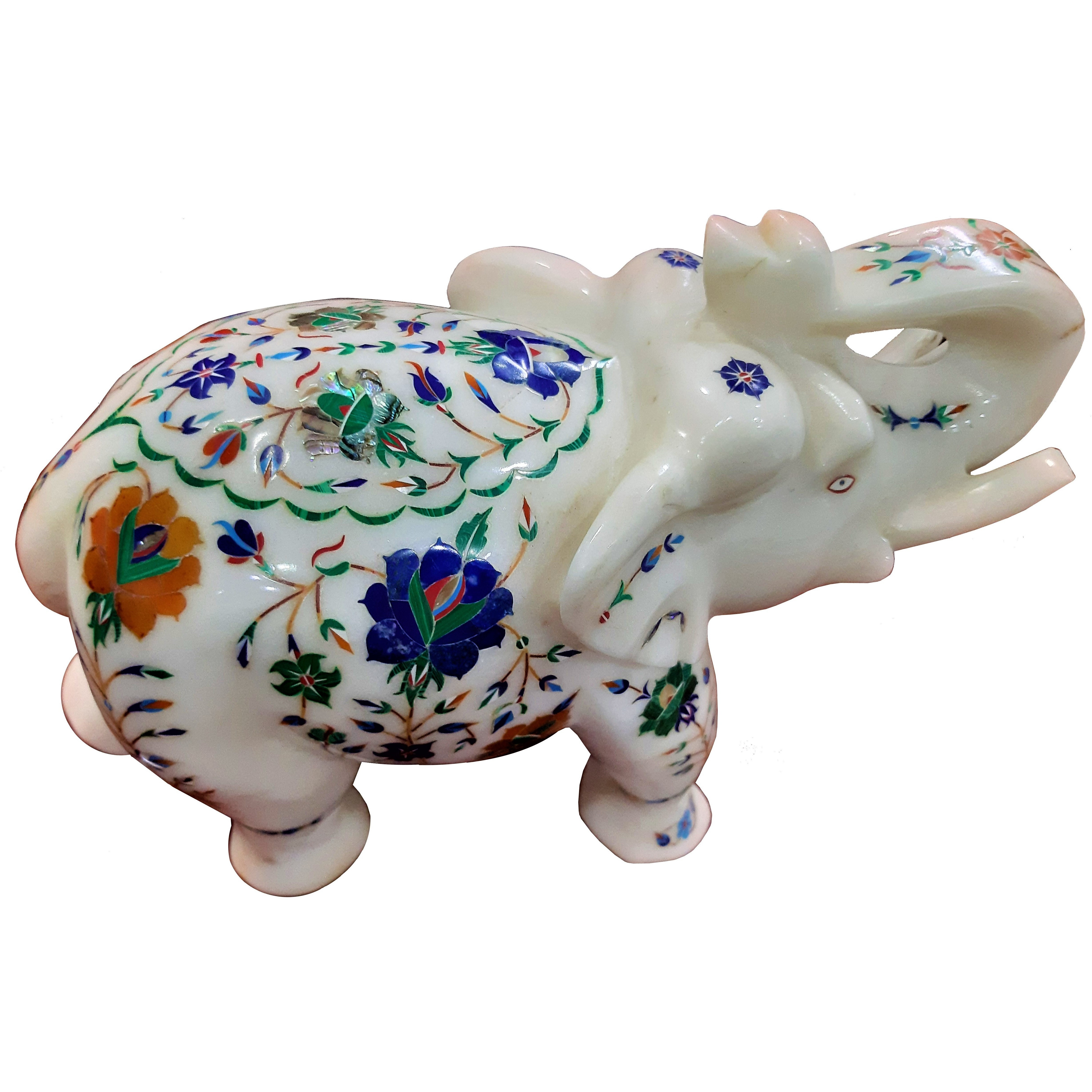 8 inch Marble Elephant, White Marble Inlay Elephant, Elephant Figurine, Marble Inlay, Stone Elephant, Semi Precious Stones Inlay Home Decor Gift