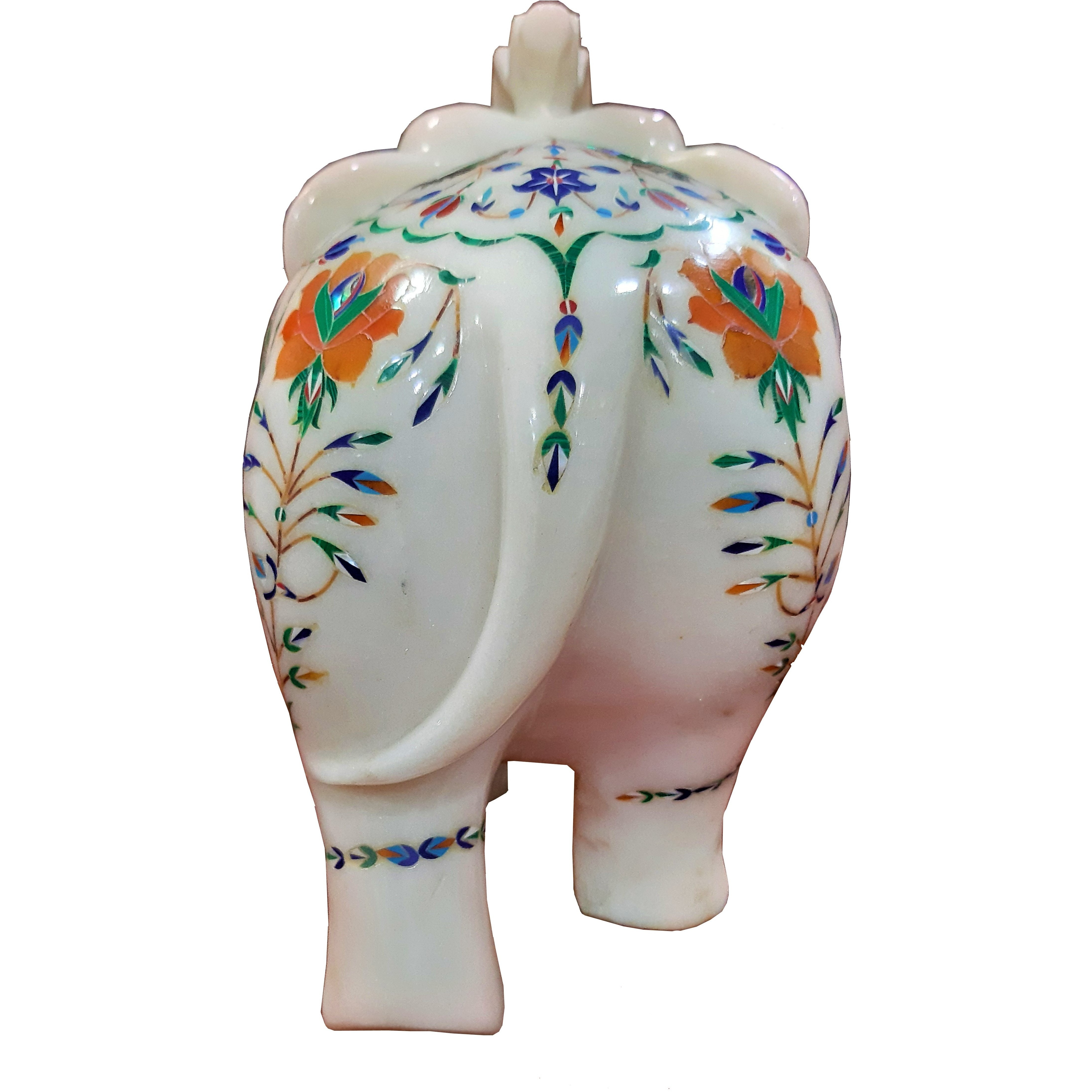 8 inch Marble Elephant, White Marble Inlay Elephant, Elephant Figurine, Marble Inlay, Stone Elephant, Semi Precious Stones Inlay Home Decor Gift