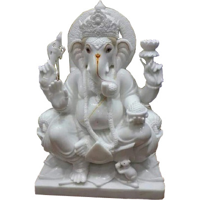 Ganesha on Lotus Statue White Marble, Ganesha Moorti For Mandir, Fine Marble Ganesha Idol, Marble Ganesha