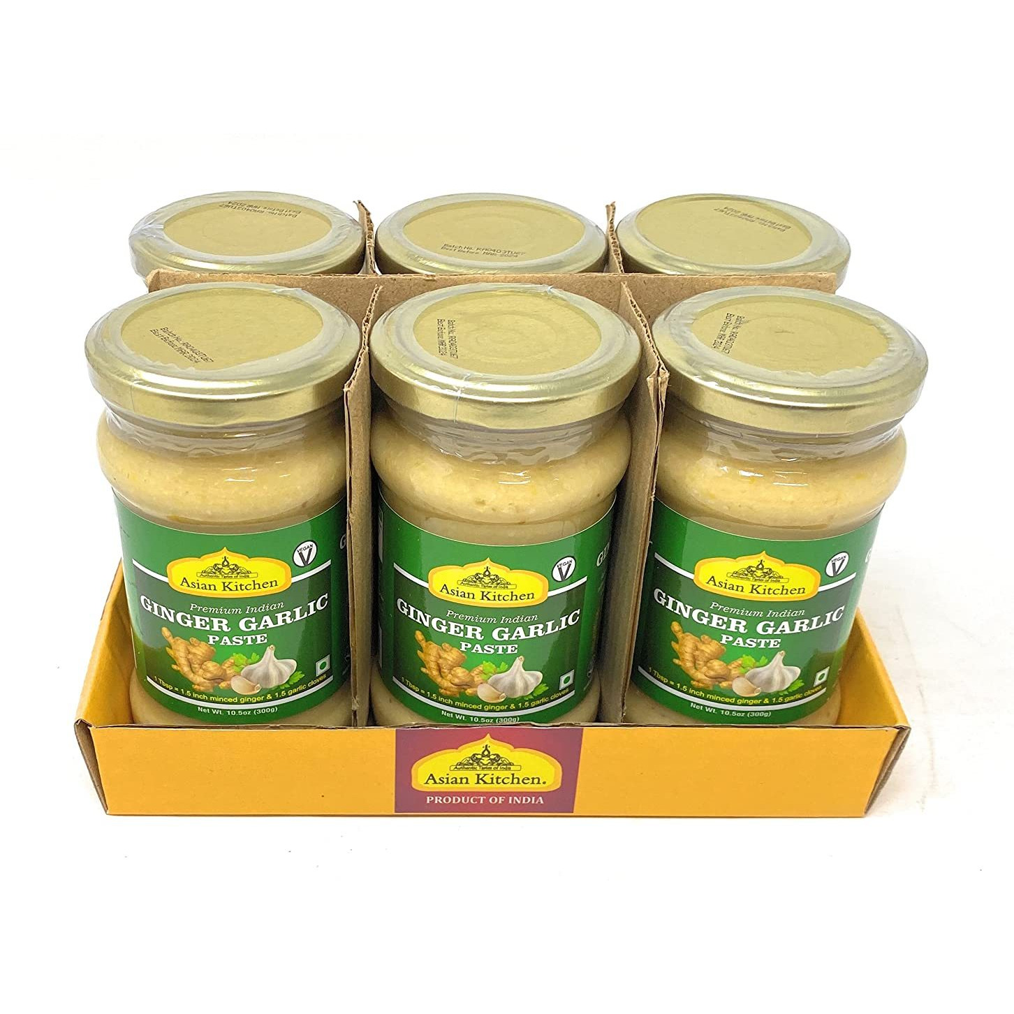 Asian Kitchen Ginger-Garlic Cooking Paste 10.58oz (300g) ~ Pack of 6 ~ Vegan | Glass Jar | Gluten Free | NON-GMO | No Colors | Indian Origin