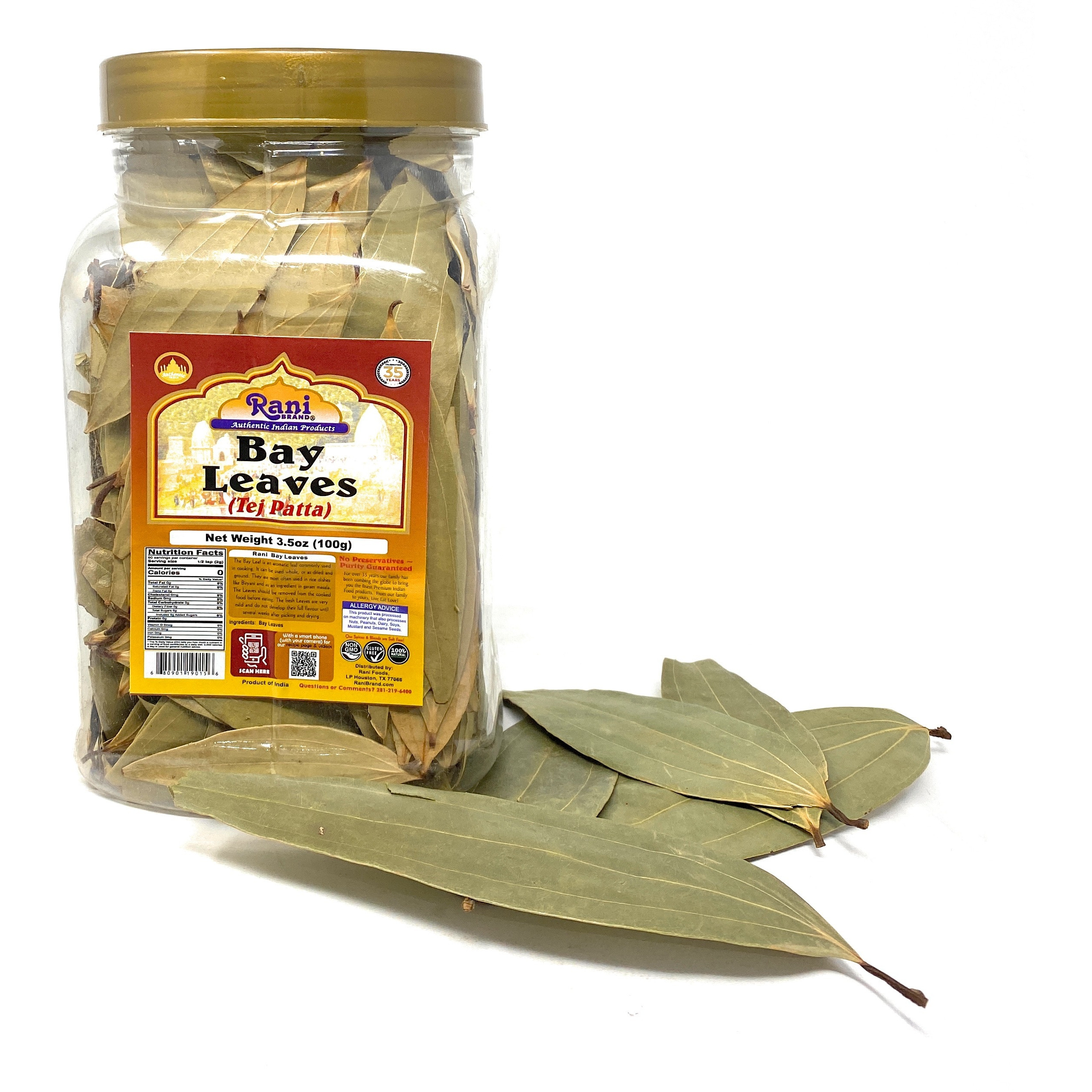 Rani Bay Leaf (Leaves) Whole Spice Hand Selected Extra Large 100g (3.5oz) PET Jar, All Natural ~ Gluten Friendly | NON-GMO | Vegan | Indian Origin (Tej Patta)